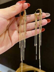 HOTNICE Women's Long Gold Pendant Earrings, 14K Gold Plated Tassel Jewelry, Party And Wedding Gift - Gold - View 3