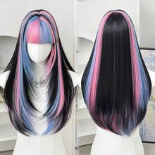 NAMM 26 Inch Brown & Pink Highlight Wig With Bangs Long Layered Straight Hair Wigs ForWomenNatural Looking Synthetic Heat Resistant Fiber Wig For Daily Wear, Hallowmas Party Cosplay Use - Multicolor - View 15
