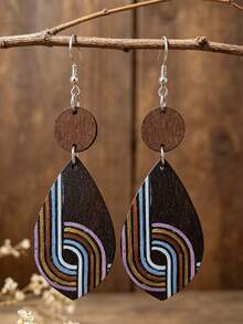 1 Pasang Anting-Anting Kayu Melengkung Geometris Pelangi Bergaya Vintage, Anting Gantung Bulat Motif Patchwork Bohemian. - Bentuk geometris - View 1