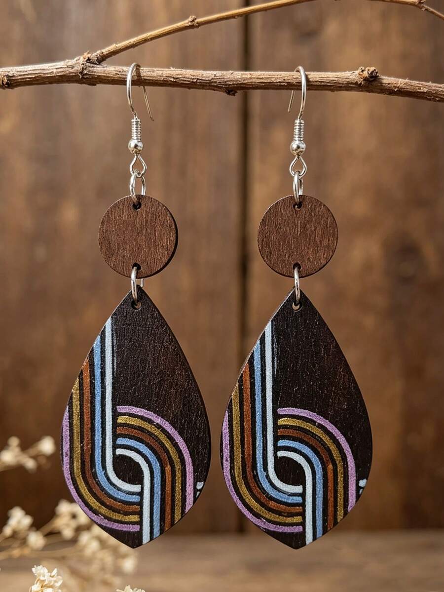 1 Pasang Anting-Anting Kayu Melengkung Geometris Pelangi Bergaya Vintage, Anting Gantung Bulat Motif Patchwork Bohemian. - Bentuk geometris - View 1