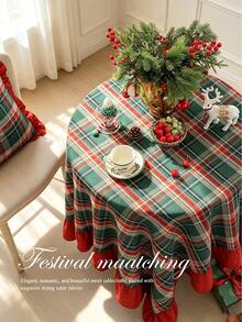 1pc Christmas Tablecloth With Ruffle Trim, Polyester Fabric, Red And Green Plaid Pattern, Rectangular/Square Tablecloth For Dining Room And Living Room Table Decor - Red and Green - View 6