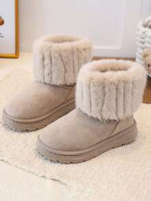 1 Pair Vintage Girls' Snow Boots, Faux Fur Trim, Winter Thermal Lined Ankle Boots - Light Grey - View 1
