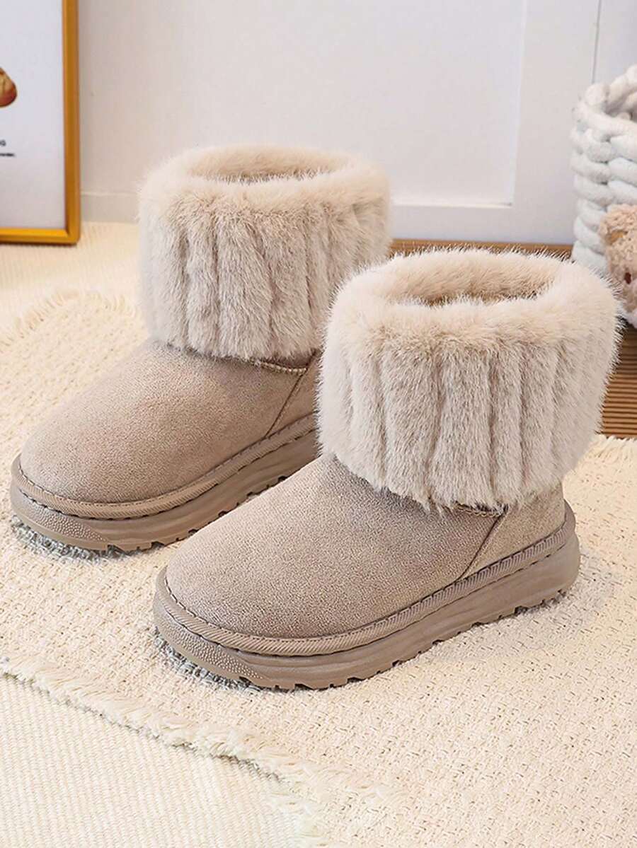 1 Pair Vintage Girls' Snow Boots, Faux Fur Trim, Winter Thermal Lined Ankle Boots - Light Grey - View 1