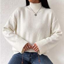 Women's Solid Color High Neck Knitted Sweater, Drop Shoulder Long Sleeve Pullover, Minimalist Aesthetic Loose Fit, Suitable For Daily Wear, Dating, Street Style, Weekend Outings - Off-white - View 4