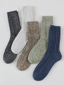 Men's 5 Pairs Random Color Retro Cable Knit Mid Calf Socks, Thick Warm Textured Crew Socks For Autumn Winter Daily Wear - Multicolor - View 4