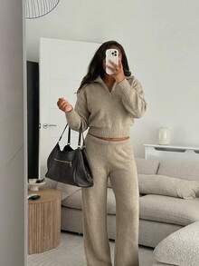 MORI Autumn/Winter Light Khaki Half-Zip Cropped Sweater & Pants 2 Pieces Set Women's Outfit For Coffee Date - Oat - View 1
