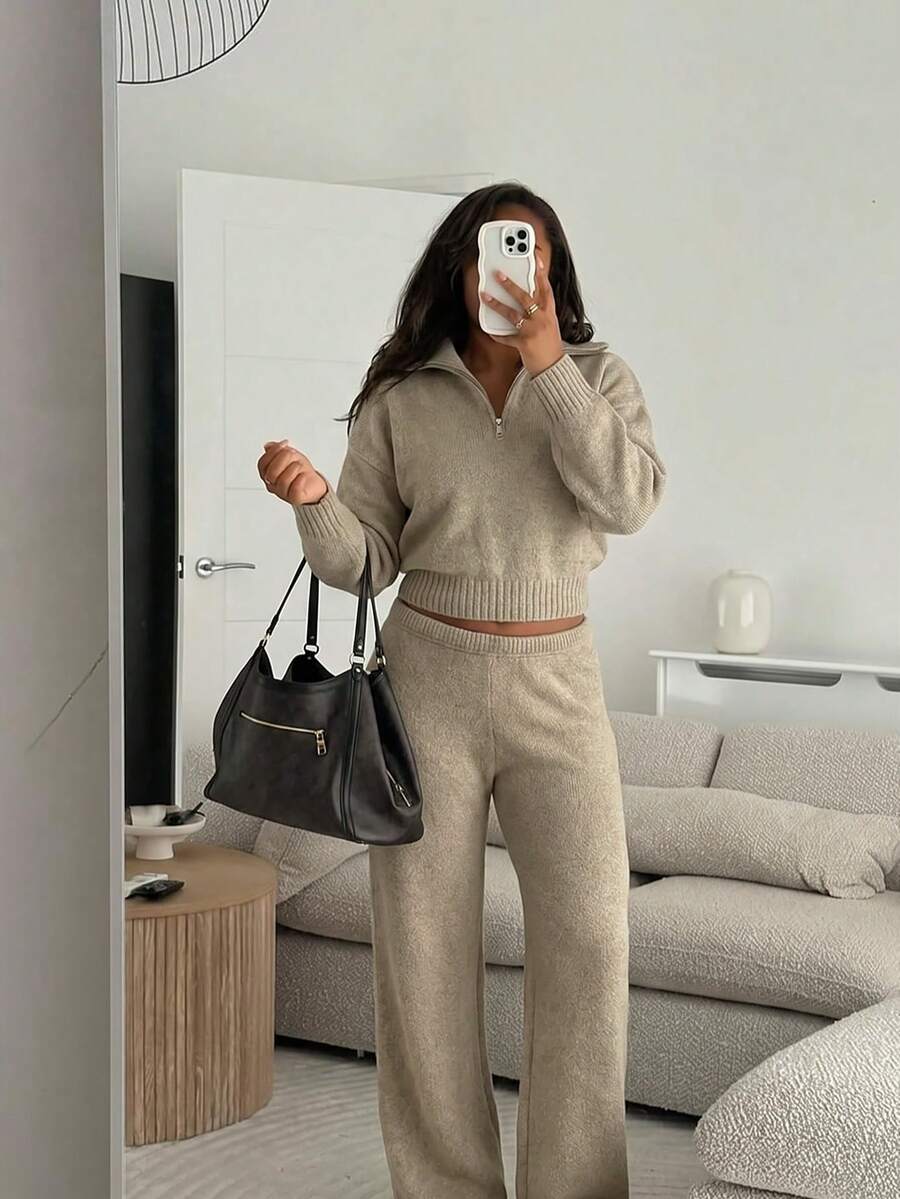 MORI Autumn/Winter Light Khaki Half-Zip Cropped Sweater & Pants 2 Pieces Set Women's Outfit For Coffee Date - Oat - View 1