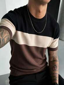 1pc Men's Striped Round Neck T-Shirt, Slim Fit Short Sleeve Knit Sweater, Contrast Color New Arrival Short Sleeve Knit Top - Brown - View 2