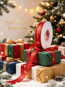 1pc Christmas Gift Wrapping Ribbon, Red Green Gold Striped Ribbon, Festive Holiday Ribbon For Gift Wrapping, Christmas Tree, Wreath, Garland, Present Packaging, DIY Crafts, Party Supplies, Christmas Decorations & Home Decor - A - View 3