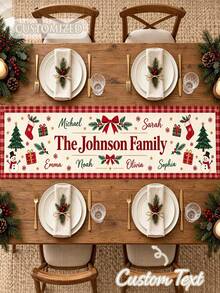 Personalized Christmas Table Runner, Customized Family Name Linen Table Runner, Christmas Dinner Decor, Family Holiday Table Decor - Multicolor - View 2