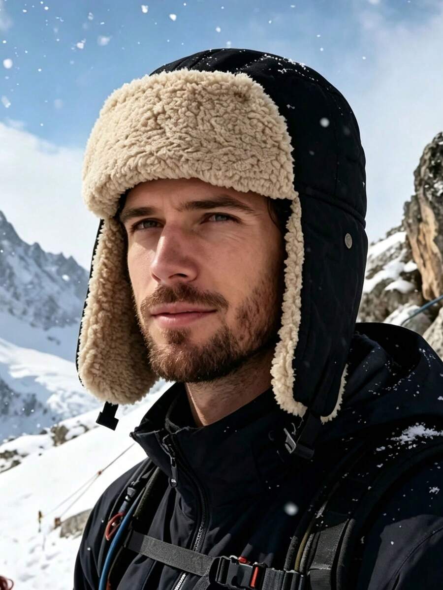 1pc European & American Men's Warm Trapper Hat, Winter Hiking Cold-Proof Ear Protection Hat, Knitted Hat, Fleece Lined Windproof Ski Hat - A - View 1