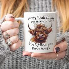 Ly sứ màu in hình bò Highland kèm câu đùa mỉa mai "I May Look Calm, But In My Head I've K*Lled You Three Times", 330ml/11oz, dùng cho trà, cà phê, đồ uống nóng, làm quà tặng - Nhiều màu - Xem 2