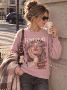 Sweater Kasual Lengan Panjang Leher Bulat Motif Huruf & Karakter untuk Wanita - Berwarna merah muda - View 6