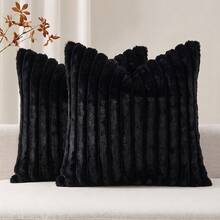 1/2pcs Black Faux Fur Comfortable Soft Striped Decorative Pillowcase, Plush Pillowcase Sofa Cushion Cover, Soft Comfortable Faux Rabbit Fur Fabric, Modern Decorative Sofa, Home Bedroom, Dorm Use - Black - View 19