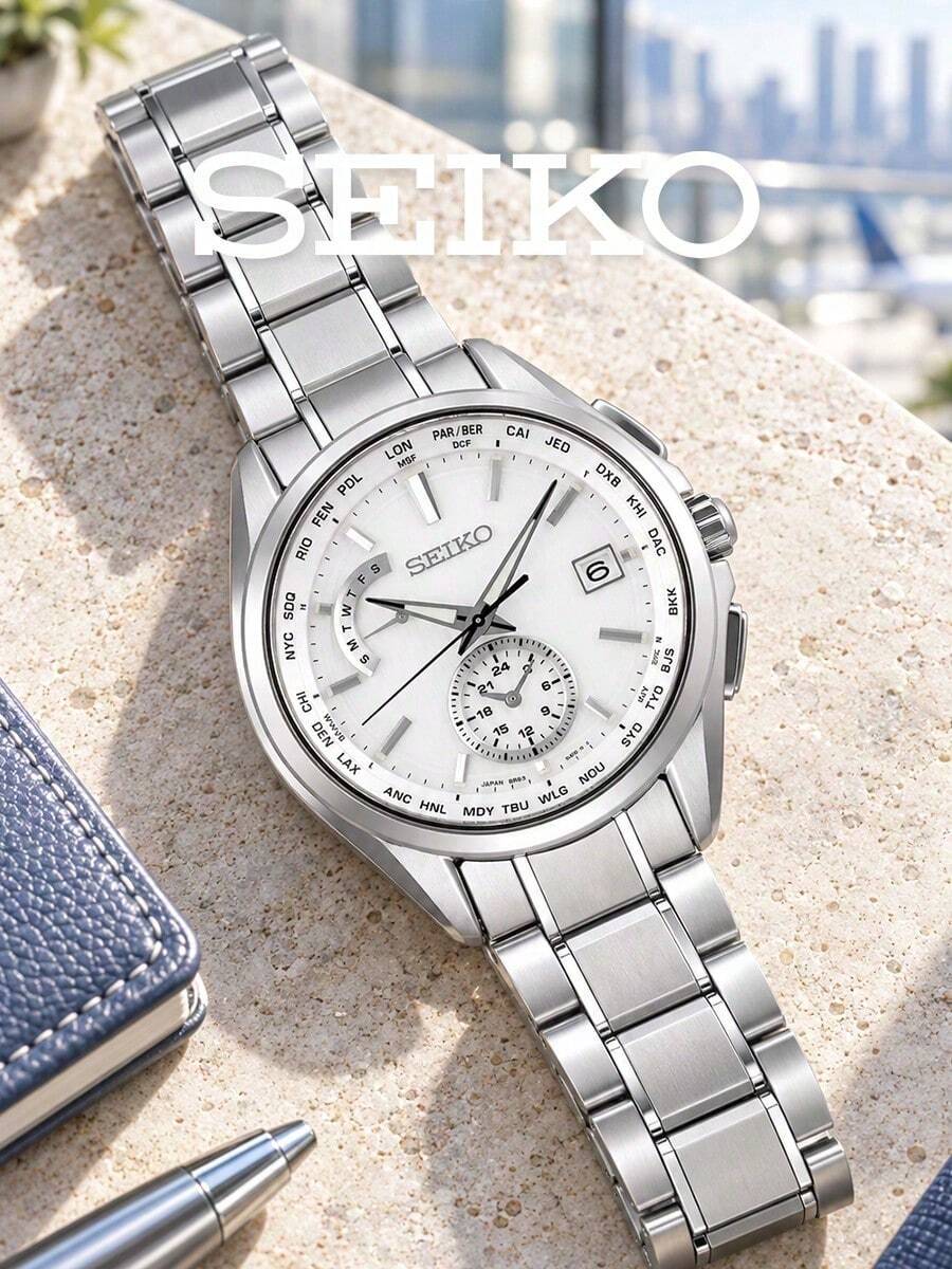 Men's SEIKO Quartz Watch, Solid Stainless Steel Bracelet, White Textured Dial, Day & Date Display, Business Travel Multi-Time Zone Wristwatch - Silver - View 1
