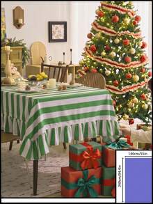 1pc Green And White Classic Wide Striped Tablecloth, Traditional Country Style, Rectangular With Scalloped Edge And Pleated Details, Stain-Resistant Protective Table Cover, Suitable For Christmas, Family Gatherings And Winter Holiday Dining Room Decor - Green - View 12