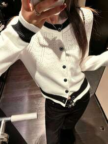Design Hollow Knit Cardigan Black & White Color Block Elegant Short Sweater Jacket - White - View 6