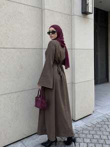 1pc Set (Excluding Headscarf) Elegant Drawstring Fashion Abaya Modest Long Dress, Skin-Friendly Comfortable For Party, Wedding, Ramadan - Brown - View 6