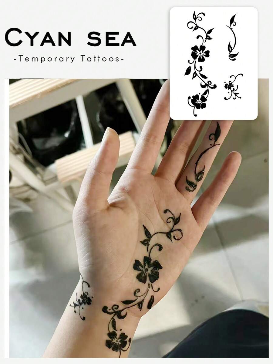 1pc Temporary Tattoo, Black Silhouette Floral Vine Pattern, Realistic Fake Tattoo Design, Suitable For Daily, Bachelorette Party Favors, Music Festival, Game, Graduation Gift, Lasts 3-5 Days - Black - View 1