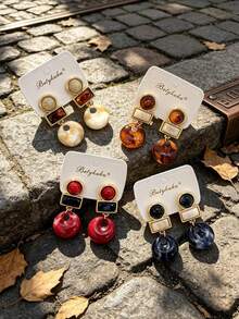 2pcs Bohemian Colorful Resin Round Teardrop Rhinestone Pendant Earrings, Daily Casual Outfit Accessory Gift - Small Round - View 3