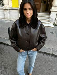 Mellowy Autumn/Winter New Women's European & American Style Fashion Minimalist Reversible Faux Leather Jacket - Brown - View 1