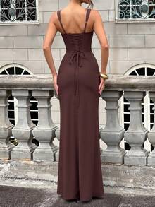 Sexy Summer Spaghetti Strap Lace Up High Quality High Slit Backless Ruched Brown Long Maxi Bodycon Dress Night Out Evening Party Dress - Brown - View 4