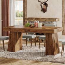 LITTLE TREE 140cm Rectangular Wood Dining Table For 4 People Mid Century Modern Dinner Table With Double Pedestal Rustic Brown For Dining Room Kitchen - Rust Brown - View 6