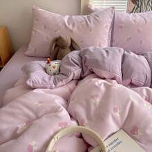 3/4pcs Purple Cherry & Bow Pattern Duvet Cover Set (Duvet Cover*1 + Bed Sheet*1 + Pillowcase*1/2, Filling Not Included), Sweet & Cute Home Bedding Set, Suitable For Bedroom, Guest Room And Dorm, Machine Washable & Hand Washable, Soft & Breathable, Fresh Cream Style - Mauve Purple - View 7