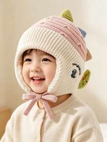 Children's Autumn/Winter Knitted Earflap Hat, Dinosaur Embroidered Wool Hat, Warm Thickened Baby Hat, Cute Cartoon Style - Multicolor - View 1