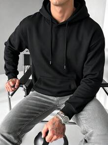 Men's Classic Solid Color Hooded Sweatshirt, Autumn/Winter Outfit Hoodie - Black - View 9