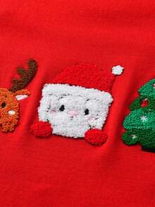 Sweater Leher Bulat Bordir Santa Claus Natal untuk Anak Laki-laki, Lengan Panjang, Cocok untuk Musim Gugur & Musim Dingin - Merah - View 5