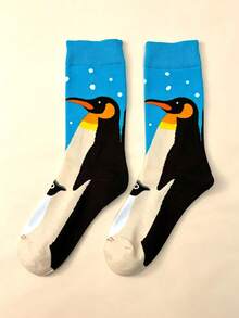 1 Pair Diving Penguin Jacquard Mid-Calf Socks, Fun Cartoon Design, Comfortable & Versatile - Multicolor - View 5