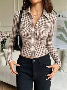 abyoxi Damen Braun & Weiß Kariert, Revers Langarm Slim Fit Hemd, gefaltete Vorderseite mit Knopfverschluss, elegant, vintage, lässig, geeignet für Büro, tägliche Pendelstrecke, Dating, Ausgehen, Herbst/Winter Oberteil - Braun - Übersicht 5