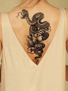 1pc Black Creative Personalized Snake & Floral Pattern DIY Party Gift Holiday Gift Music Festival Temporary Waterproof Tattoo Sticker For Arm, Waist, Abdomen, Back, Leg - Black - View 3