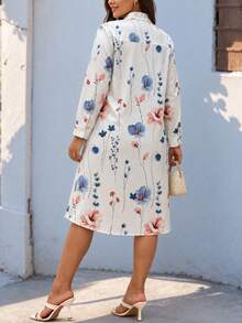 Plus Size Women's Ditsy Floral Button-Front Shirt Dress, Autumn Long Sleeve Casual Shirt Dress - White - View 4
