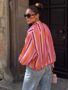 GMFP Women's Multi-Color Vertical Striped Stand Collar Short Zip-Up Jacket, Contrast Design Casual Vacation Style Top - Hot Pink - View 2