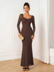 PARTHEA Elegantes braunes Mesh-Meerjungfrau-Maxikleid mit quadratischem Ausschnitt, langen Ärmeln, geraffter Brust und rückenfreiem Design, Abendkleid für Hochzeitsgäste für Frauen - Braun - Übersicht 8