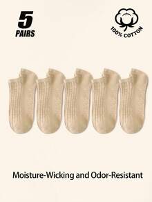 5 Pairs Women's Pure Cotton Invisible Socks, Ribbed Thin Low-Cut Socks, Moisture-Wicking, Odor-Resistant, Breathable Casual Socks - Multicolor - View 13