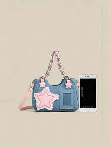 New Fashionable Versatile Texture Patchwork Contrast Color Pentagram Acrylic Chain Denim Casual Commute Shoulder Cross-Body Handbag For Women - Baby Blue - View 6