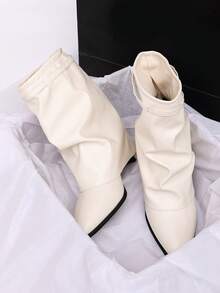 Women's Beige Pointed Toe Chunky Heel Slouchy Ankle Boots, Spring/Autumn Fashion Boots With Slimming Effect - Beige - View 3