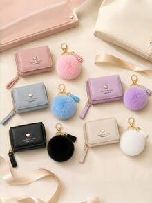 Dompet Kecil Wanita Lucu dengan Gantungan Kunci Pom Pom, Dompet Pendek Kulit PU Bentuk Hati yang Manis, Set Hadiah Dompet Koin Mini dengan Banyak Slot Kartu - MultiWarna - View 6