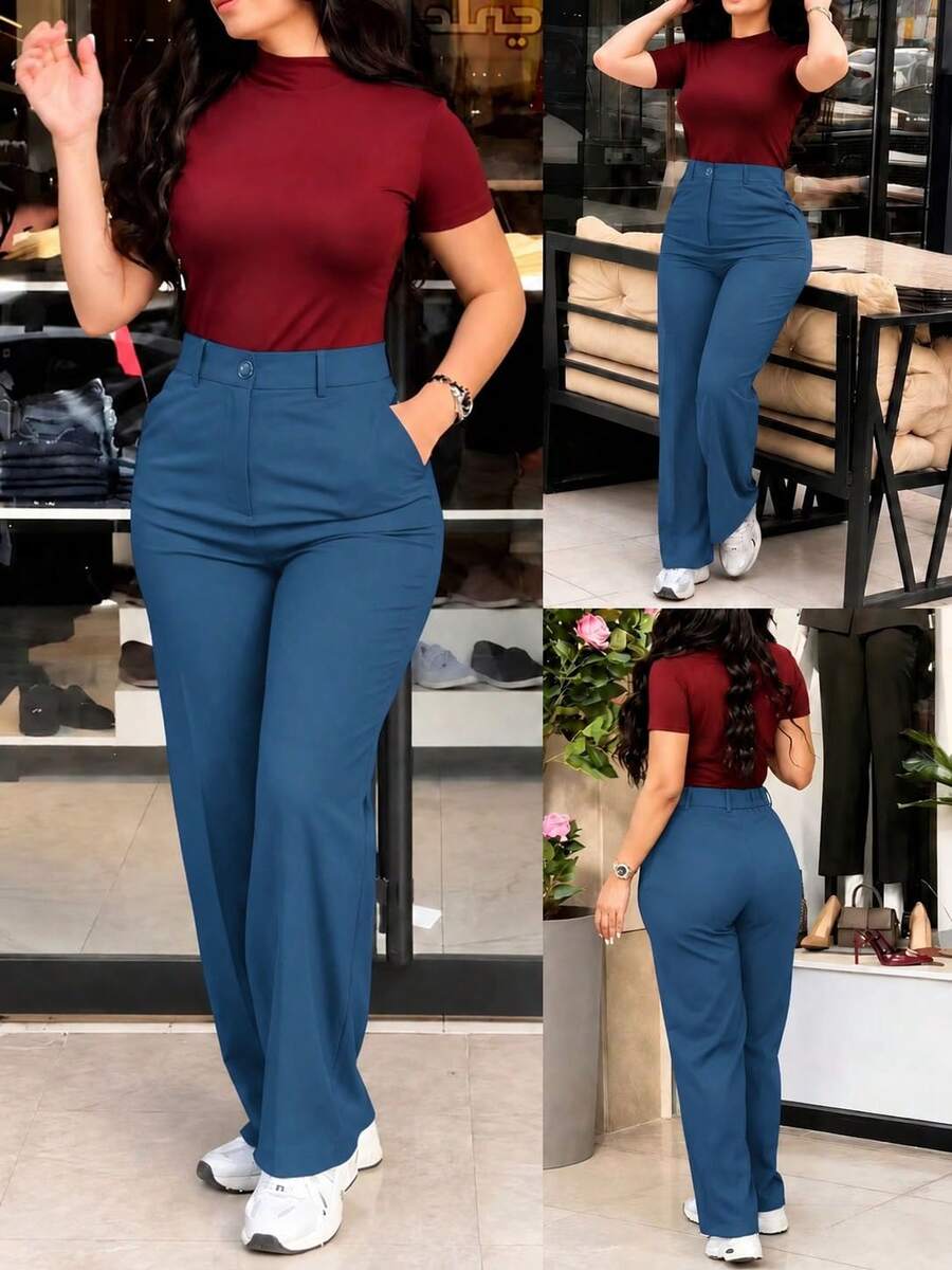 Women's Navy Blue Polyester Straight Leg Pants, Button And Zipper Detail Design, Long Non-Stretch Pants, Suitable For Daily Wear And Back To School - Navy Blue - View 1