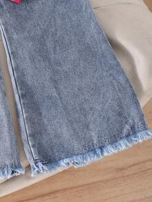2pcs/Set Áo sơ mi kẻ caro phong cách đường phố vintage và quần dài denim cho bé gái chập chững, Thu/Đông - Rửa nhẹ - Xem 9
