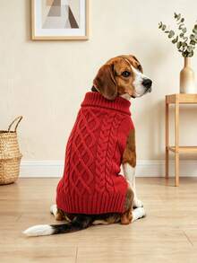1pc High Elasticity Dog Sweater, Soft Knitted High Neck Pet Winter Clothes, Classic Cable Knit Pullover For Small, Medium And Large Dogs - Red - View 7