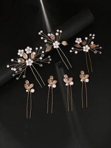 7pcs/Set Bridal Hair Pin Set, European & American Style Handmade White Pearl Alloy Leaf Flower Hair Sticks, Wedding Dress Accessories - Gold - View 7