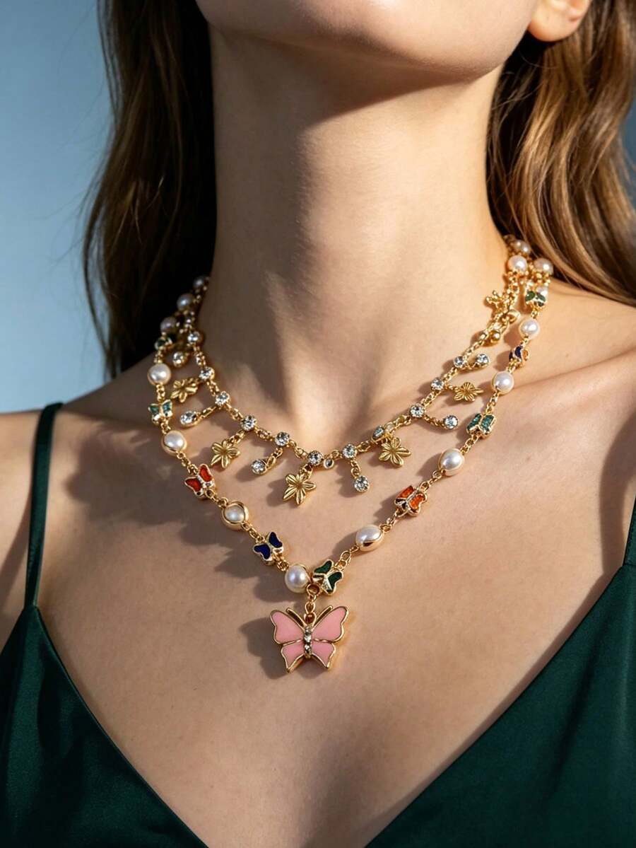 Pentagram Rhinestone Pink Butterfly Pendant Pearl Crystal Necklace Niche Sweet Style Collarbone Chain Women's Jewelry Suitable For Christmas Holiday Wear Also Can Be Given As Christmas Gift To Friends Or Family (Pattern And Color Random) - Multicolor - View 1