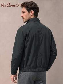 Vancamel Pulse Men's Solid Color Stand Collar Zip-Up Utility Outdoor Sports Jacket, Loose Drop Shoulder Large Pocket Lightweight Casual Short Jacket - Black - View 3
