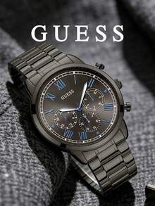 Guess Men's Quartz Watch With Gunmetal Grey Finish, Blue Roman Numerals, Multi-Function Sub-Dials, Stainless Steel Band, Modern Business Casual Professional Formal - Grey - View 1