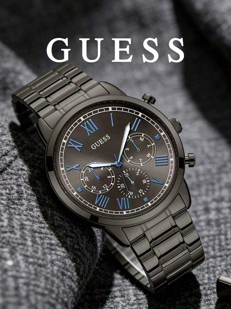 Guess Men's Quartz Watch With Gunmetal Grey Finish, Blue Roman Numerals, Multi-Function Sub-Dials, Stainless Steel Band, Modern Business Casual Professional Formal - Grey - View 1