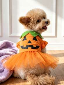 LUCKIE LABO 1pc Halloween Pumpkin Smiling Face Funny Pattern Pet Dress, Physical Flea Prevention, Reduces Shedding, Heat-Insulating And Breathable, Suitable For Small And Large Dogs And Cats, Indoor And Outdoor - Multicolor - View 1